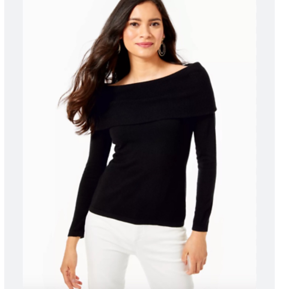 M17 Lilly Pulitzer Top Womens Black Belinda Knit Off Shoulder‎ Pullover